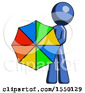 Blue Design Mascot Man Holding Rainbow Umbrella Out To Viewer