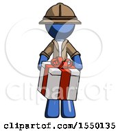 Poster, Art Print Of Blue Explorer Ranger Man Gifting Present With Large Bow Front View