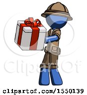 Poster, Art Print Of Blue Explorer Ranger Man Presenting A Present With Large Red Bow On It