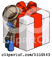 Poster, Art Print Of Blue Explorer Ranger Man Leaning On Gift With Red Bow Angle View