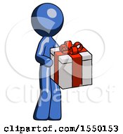 Blue Design Mascot Man Giving A Present