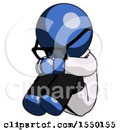 Blue Doctor Scientist Man Sitting With Head Down Facing Angle Left