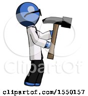 Poster, Art Print Of Blue Doctor Scientist Man Hammering Something On The Right