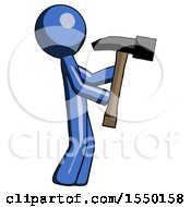 Poster, Art Print Of Blue Design Mascot Man Hammering Something On The Right