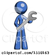 Blue Design Mascot Woman Holding Large Wrench With Both Hands