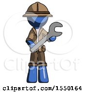 Poster, Art Print Of Blue Explorer Ranger Man Holding Large Wrench With Both Hands