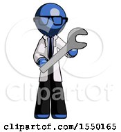 Poster, Art Print Of Blue Doctor Scientist Man Holding Large Wrench With Both Hands