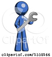 Blue Design Mascot Man Holding Large Wrench With Both Hands