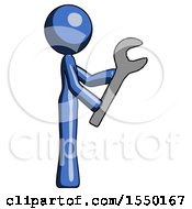 Poster, Art Print Of Blue Design Mascot Woman Using Wrench Adjusting Something To Right