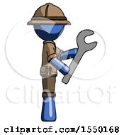 Poster, Art Print Of Blue Explorer Ranger Man Using Wrench Adjusting Something To Right