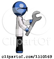 Blue Doctor Scientist Man Using Wrench Adjusting Something To Right