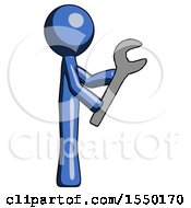 Blue Design Mascot Man Using Wrench Adjusting Something To Right
