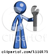 Blue Design Mascot Woman Holding Wrench Ready To Repair Or Work
