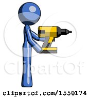 Blue Design Mascot Woman Using Drill Drilling Something On Right Side