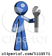 Blue Design Mascot Man Holding Wrench Ready To Repair Or Work