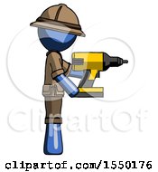 Poster, Art Print Of Blue Explorer Ranger Man Using Drill Drilling Something On Right Side
