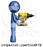 Blue Design Mascot Man Using Drill Drilling Something On Right Side