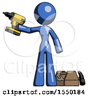 Blue Design Mascot Woman Holding Drill Ready To Work Toolchest And Tools To Right