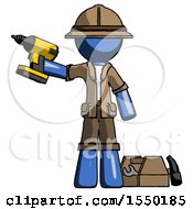 Poster, Art Print Of Blue Explorer Ranger Man Holding Drill Ready To Work Toolchest And Tools To Right