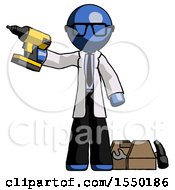 Blue Doctor Scientist Man Holding Drill Ready To Work Toolchest And Tools To Right