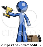 Blue Design Mascot Man Holding Drill Ready To Work Toolchest And Tools To Right