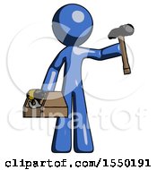 Blue Design Mascot Man Holding Tools And Toolchest Ready To Work