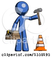 Blue Design Mascot Man Under Construction Concept Traffic Cone And Tools