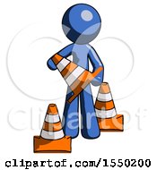 Poster, Art Print Of Blue Design Mascot Man Holding A Traffic Cone