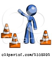 Blue Design Mascot Woman Standing By Traffic Cones Waving