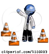 Poster, Art Print Of Blue Doctor Scientist Man Standing By Traffic Cones Waving