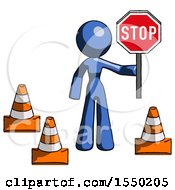 Poster, Art Print Of Blue Design Mascot Woman Holding Stop Sign By Traffic Cones Under Construction Concept