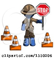 Poster, Art Print Of Blue Explorer Ranger Man Holding Stop Sign By Traffic Cones Under Construction Concept
