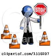 Poster, Art Print Of Blue Doctor Scientist Man Holding Stop Sign By Traffic Cones Under Construction Concept