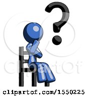Blue Design Mascot Woman Question Mark Concept Sitting On Chair Thinking