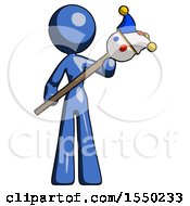 Blue Design Mascot Woman Holding Jester Diagonally