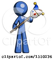 Blue Design Mascot Man Holding Jester Diagonally