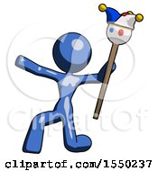 Poster, Art Print Of Blue Design Mascot Woman Holding Jester Staff Posing Charismatically