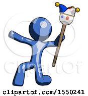 Blue Design Mascot Man Holding Jester Staff Posing Charismatically