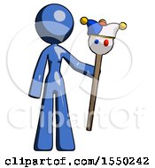 Blue Design Mascot Woman Holding Jester Staff