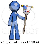 Blue Design Mascot Man Holding Jester Staff