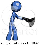 Poster, Art Print Of Blue Design Mascot Woman Dusting With Feather Duster Downwards