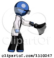 Poster, Art Print Of Blue Doctor Scientist Man Dusting With Feather Duster Downwards