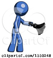 Poster, Art Print Of Blue Design Mascot Man Dusting With Feather Duster Downwards