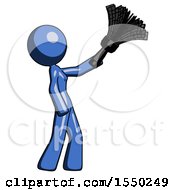 Blue Design Mascot Woman Dusting With Feather Duster Upwards