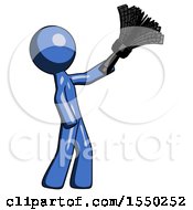 Poster, Art Print Of Blue Design Mascot Man Dusting With Feather Duster Upwards