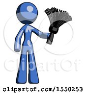 Poster, Art Print Of Blue Design Mascot Woman Holding Feather Duster Facing Forward