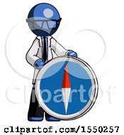 Poster, Art Print Of Blue Doctor Scientist Man Standing Beside Large Compass