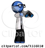 Poster, Art Print Of Blue Doctor Scientist Man Holding Binoculars Ready To Look Right