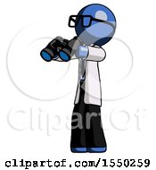 Blue Doctor Scientist Man Holding Binoculars Ready To Look Left
