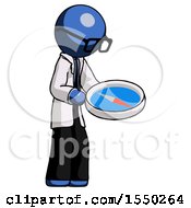 Poster, Art Print Of Blue Doctor Scientist Man Looking At Large Compass Facing Right